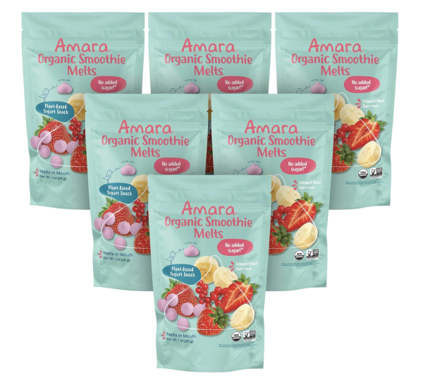 Amara Smoothie Melts - Mixed Red Berries - Baby Snacks Made With Fruits and Vegetables - Healthy Toddler Snacks For Your Kids Lunch Box - Organic Plant Based Yogurt Melts - 6 Resealable Bags